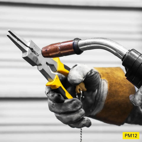 Welding tool held by gloved hands featuring Deluxe MIG Welding Pliers And Pro Grade Workhorse Tool Kit For Welders 8 Inch