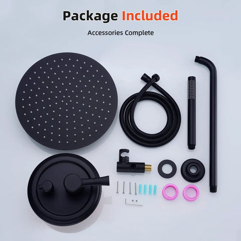 12 Inch Shower System With Pressure Balanced Valve, Round Rainfall And Handheld Shower Head, Matte Black, accessories shown