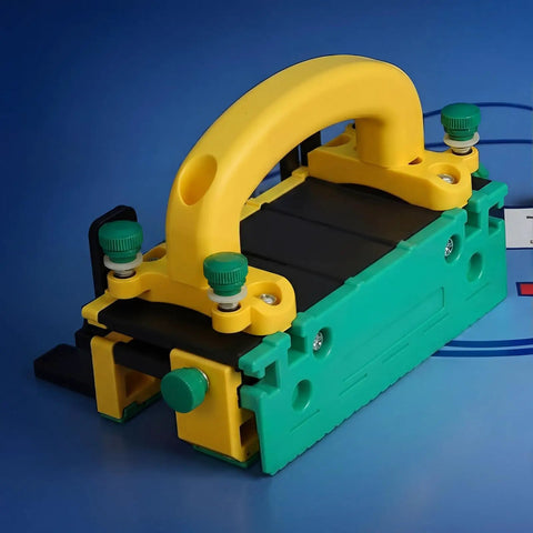 Two Piece 1/8 Inch Thin Rip Push Block Table Saw Safety Jig featuring yellow handle and green body for precision cuts.