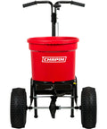 Front view of a Heavy Duty 70 Pound Turf Broadcast Spreader For Contractors Red With Weatherproof Hopper And Enclosed Gear System.