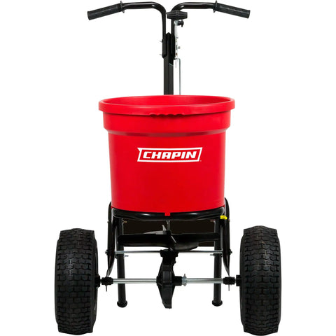 Front view of a Heavy Duty 70 Pound Turf Broadcast Spreader For Contractors Red With Weatherproof Hopper And Enclosed Gear System.