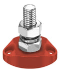 Heavy Duty Single Post Bus Bar Power Distribution Block For 12V 48V DC Systems 200 Amp Rating Featuring Pure Copper Conductors And Stainless Hardware Badass Upgrade For Marine Auto Boat Truck Or RV Wiring Setups Red close-up of terminal with stainless nut and red base.