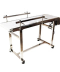 Beefy Stainless Steel PVC Flat Belt Conveyor with Adjustable Speed and Double Guardrails for Industrial Transport, 53.15 x 15.7 inches.