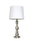 Brushed Steel Three Lamp Set includes a single table lamp with white fabric shade for living rooms and bedrooms.