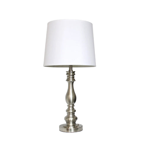 Brushed Steel Three Lamp Set includes a single table lamp with white fabric shade for living rooms and bedrooms.