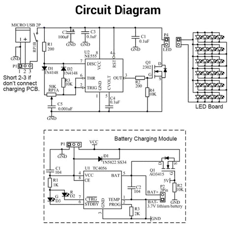 Circuit diagram for DIY Soldering Practice Kit To Build Your Own LED Desk Lamp, Rechargeable Gooseneck Light With Adjustable Brightness.