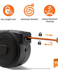 Retractable Air Hose Reel With Enclosed Housing, Three Eighths Inch By 50 Ft Hybrid Hose, Wall Mount With 180 Degree Swivel Bracket