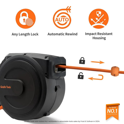 Retractable Air Hose Reel With Enclosed Housing, Three Eighths Inch By 50 Ft Hybrid Hose, Wall Mount With 180 Degree Swivel Bracket