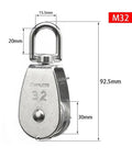 Cable Pulley Wheel Eight-Piece M32 Heavy Duty Stainless Steel Single Pulley Block Rigging Wheel With 360 Degree Swivel Hook For Crane Lifting Hauling And Industrial Use, size marked 92.5mm