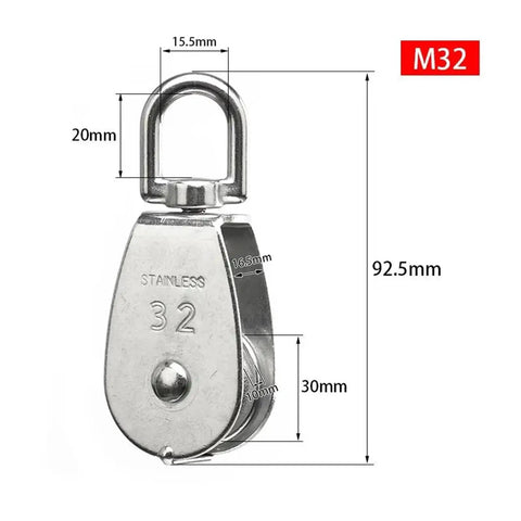 Cable Pulley Wheel Eight-Piece M32 Heavy Duty Stainless Steel Single Pulley Block Rigging Wheel With 360 Degree Swivel Hook For Crane Lifting Hauling And Industrial Use, size marked 92.5mm