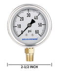 MeasureMan 2-1/2 in glycerin-filled plumbing pressure gauge, 0-60 psi, stainless steel case, 1/4 in NPT lower mount
