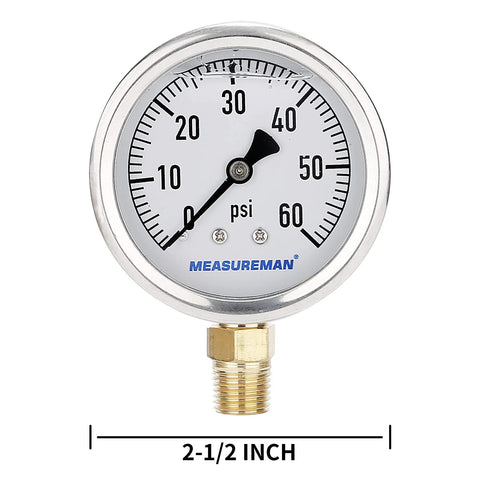 MeasureMan 2-1/2 in glycerin-filled plumbing pressure gauge, 0-60 psi, stainless steel case, 1/4 in NPT lower mount
