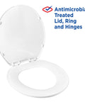 Round Premium Plastic Toilet Seat Featuring Durable Swivel Hinges And A Rock Solid Wiggle Free Base That Ensures A No Sweat Install And Reliable Daily Performance For Every Bathroom, open lid detail.