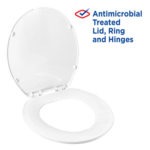 Round Premium Plastic Toilet Seat Featuring Durable Swivel Hinges And A Rock Solid Wiggle Free Base That Ensures A No Sweat Install And Reliable Daily Performance For Every Bathroom, open lid detail.