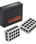 Pair Of 1 X 2 X 3 Inch Steel Blocks With 23 Holes And 0.0002 Inch Accuracy, Cross Drilled For Maximum Strength, Ideal For Milling Machine Setup Layout And Inspection Jobs. pair of steel 1x2x3 inch blocks with 23 holes and box packaging