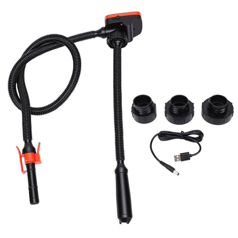 Handy Cordless Fuel Transfer Pump With Built In Rechargeable Battery, flexible hose, adapters, and charging cable for easy fueling.
