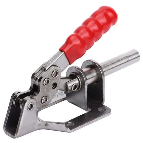 Heavy Duty Tough As Nails 302F Stainless Steel Toggle Clamp With 136Kg Clamping Force And 180 Degree Handle, red grip, side view