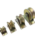 Set of four Beefed Up V Wheel Sliding Gate Track Roller With Bracket For Heavy Duty Barn Doors And Gates, various sizes shown.