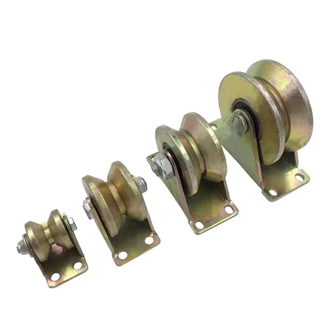Set of four Beefed Up V Wheel Sliding Gate Track Roller With Bracket For Heavy Duty Barn Doors And Gates, various sizes shown.
