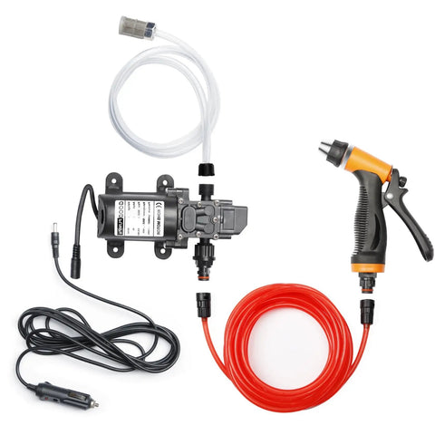 Go To Portable Smart Electric Pressure Washer Pump Kit 100W 160 PSI 12V DC Auto Start Stop With 21.3 Ft PVC Hose displayed components