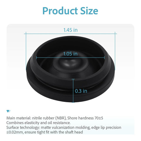 Product size of black rubber grease plug for Dexter EZ Lube hub, dimensions 1.45 in diameter, 0.3 in height.