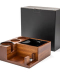 Heavy Duty Espresso Organizer Station With Kickass Knock Box And Precision Tamping Station Universal Fit wood holder with black dust cup.