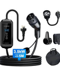 Portable EV Charger With Type 1 And Type 2 Plugs Adjustable Current Settings, 5M length, 3.5kW power supply, and accessories.