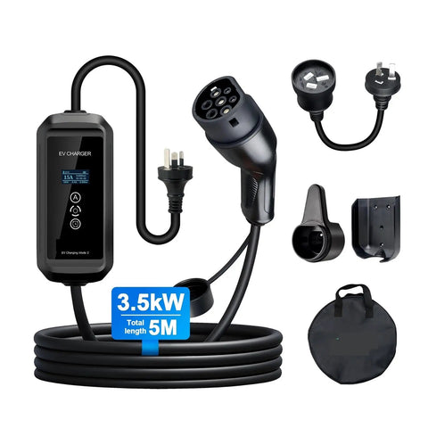 Portable EV Charger With Type 1 And Type 2 Plugs Adjustable Current Settings, 5M length, 3.5kW power supply, and accessories.
