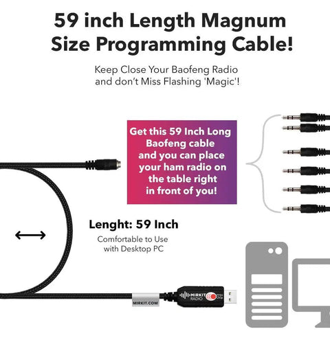 Universal 6 In 1 USB Ham Radio Programming Cable With 59 Inch Extended Length perfect for flashing and upgrades