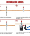 Installation guide for 24 Piece Hollow Wall Anchors Kit with drill, embed, unscrew, and expand steps for drywall mounting.