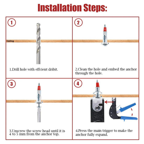 Installation guide for 24 Piece Hollow Wall Anchors Kit with drill, embed, unscrew, and expand steps for drywall mounting.