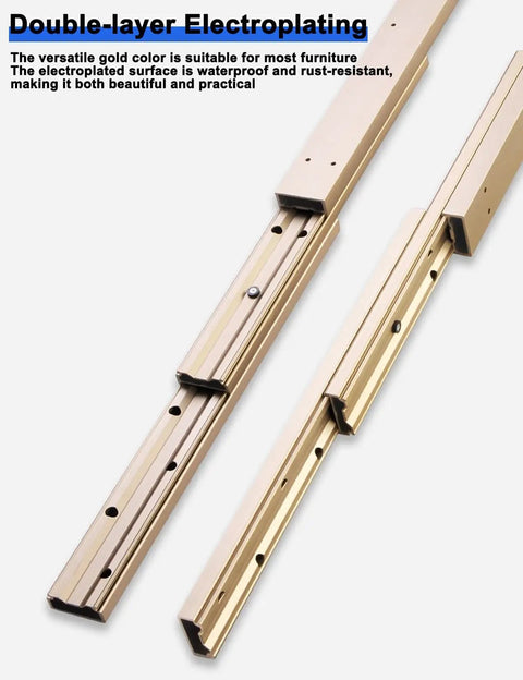 Heavy Duty Full Extension Drawer Slides Side Mount For Cabinets Desks And Bay Windows Quiet Track Hardware 750 Millimeter Length For Smooth Operation And Easy Pull Out, gold aluminum alloy