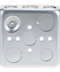 Heavy Duty 4 Inch Square Electrical Box Set 12 Pack Galvanized Metal With 21 Cubic Inch Capacity And Knockouts For Half Inch And Three Quarter Inch Wiring Perfect For Junction Box Projects And DIY Electrical Installations. Front view
