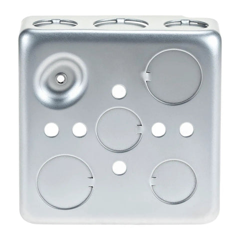 Heavy Duty 4 Inch Square Electrical Box Set 12 Pack Galvanized Metal With 21 Cubic Inch Capacity And Knockouts For Half Inch And Three Quarter Inch Wiring Perfect For Junction Box Projects And DIY Electrical Installations. Front view