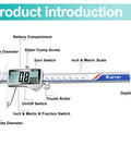 Digital Caliper 6 Inch With Stainless Steel Body, Large LCD Screen, Splash Proof, showing measurements and features.