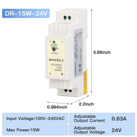 Compact 15W 24V DC DIN Rail Power Supply With AC To DC Input 100 240V 50 60Hz Slim Beefy Industrial Grade Built With EMI Filter And Pure Copper Transformer For Rock Solid Automation, 3.66in
