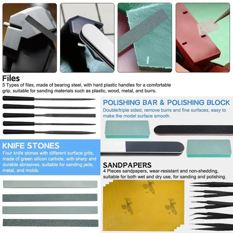 85 Piece Model Tools Kit For Hobbyists And Beginners files, knife stones, sandpapers, polishing blocks for detailing plastic models