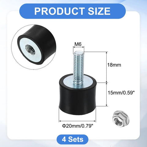 M6 Heavy Duty Rubber Mounts 4 Pack Durable Rubber Cylindrical Anti Vibration Isolators With Lock Nuts and size details