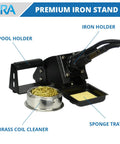 Premium soldering iron stand with spool holder, brass coil cleaner, and sponge tray for the 4 In 1 SMD Hot Air Rework Station.