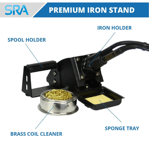 Premium soldering iron stand with spool holder, brass coil cleaner, and sponge tray for the 4 In 1 SMD Hot Air Rework Station.