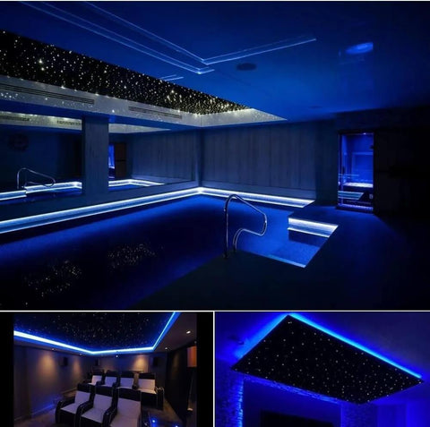 Dual Color 32W Fiber Optic Starlight Headliner Kit With 2300 Fibers installed on pool ceiling creating starry night effect.