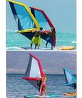 People using Inflatable Windsurfing Wing Foil Set 2.2m2 for wind wing foiling in bright colored wings on the ocean.