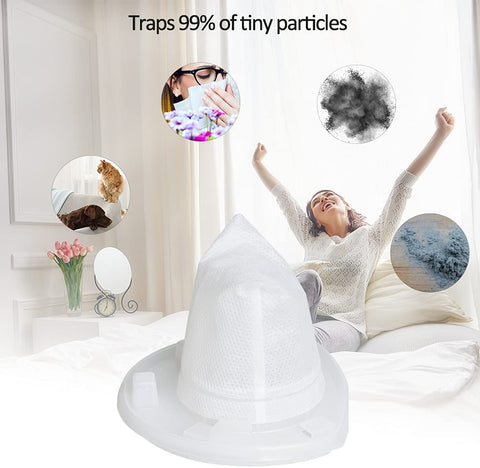 Image of a filter with lifestyle imagery showing dust, pollen, pet hair, and a woman relaxing, promoting 4 Pack Replacement Filters For Black And Decker Dustbuster Cordless Vacuums VF110 And CHV Series Compatible With CHV1410L CHV9610 CHV1210 CHV1410 CHV1410B CHV1510 BDH2000L Easy Fit High Filtration Quality Long Lasting.