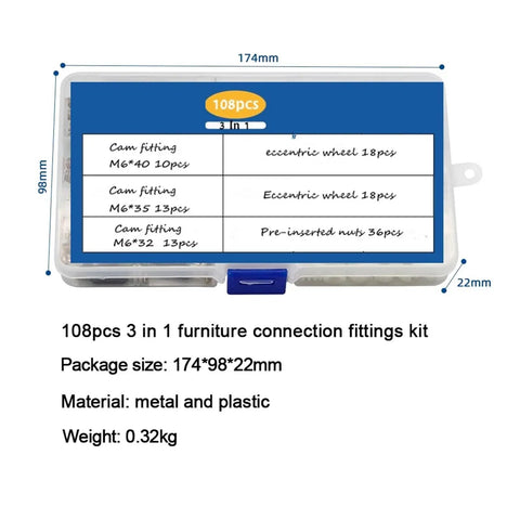 Next Level Cam Lock Fasteners 108 Piece Alloy Steel Furniture Hardware Kit For Rock Solid Cabinet Assembly in clear storage box.