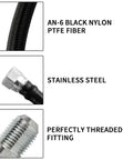 Beefed Up 6AN 70 Inch Transmission Cooler Lines Black Nylon Braided Hose, AN-6 PTFE fiber, stainless steel fitting, GM Chevy Ford