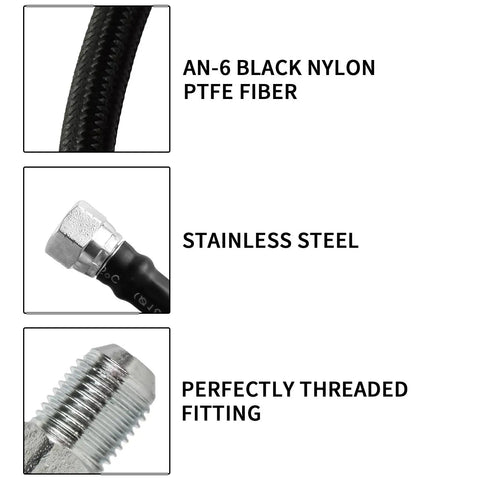 Beefed Up 6AN 70 Inch Transmission Cooler Lines Black Nylon Braided Hose, AN-6 PTFE fiber, stainless steel fitting, GM Chevy Ford