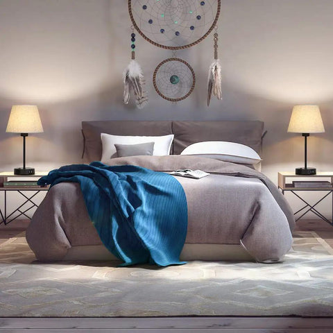 Industrial Metal Table Lamp Set Of 2 With Dual USB Ports And Linen Shade Modern Nightstand Lighting for Bedroom