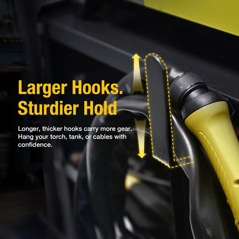 Close-up of Heavy Duty 3 Tier Welding Cart For MIG TIG Plasma Cutter With 400 Lbs Capacity hook holding welding equipment