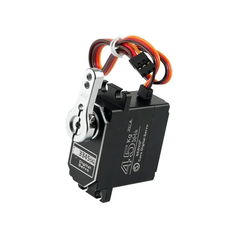 Rock Solid 45kg Digital Servo Built With Premium Stainless Steel Gears And Dead Smooth 360 Degree Continuous Rotation To Level Up Your Best Remote Control Projects Today, showcasing motor and cables.