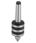 CYSFETENA MT2 lathe live center, front view, knurled black and silver body, conical tip